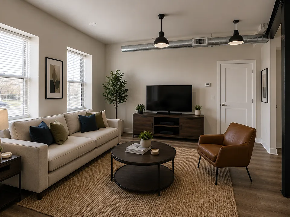 Spacious living area with industrial loft details, waterproof flooring, and exposed ductwork.