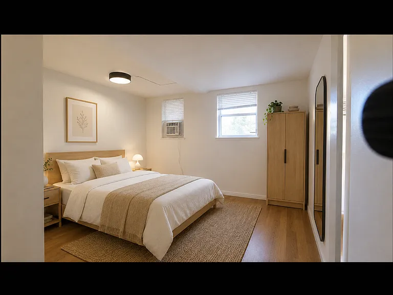 Large bedroom, digitally staged to show possible room layout.