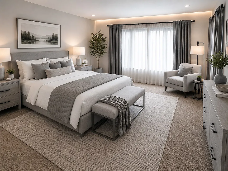 AI-staged main bedroom, which measures 16' 9" x 11' 9".