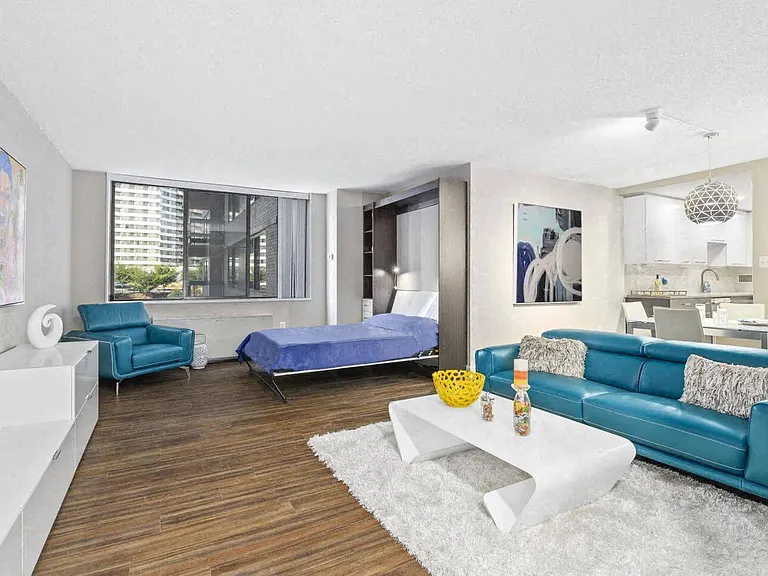 Premium studio with Murphy bed (pictured open).