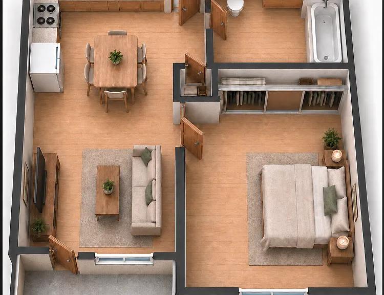 1 Bed 1 Bath Floorplan Diagram