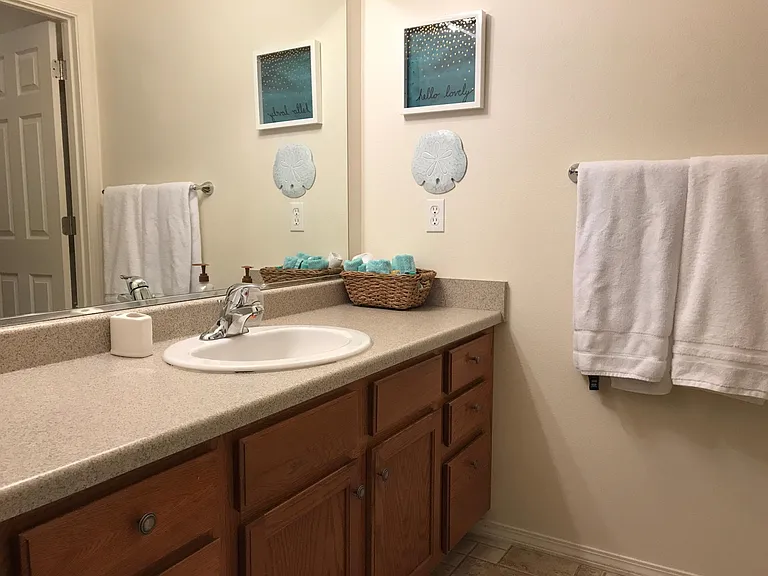 Vanity with several drawers.