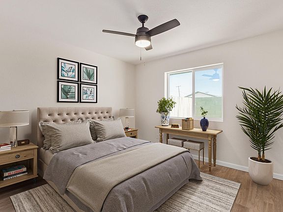 Example of furnished bedroom showing ample space for furniture and design.