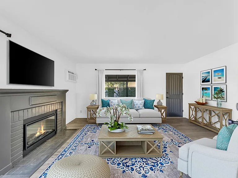Large bay window with private yard views.