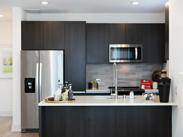 Dark cabinetry, sleek finishes, and effortless function.