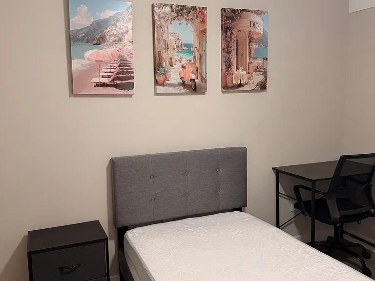 Furnished bedroom with a comfortable bed, nightstand storage, and a dedicated desk workspace for studying or remote work.