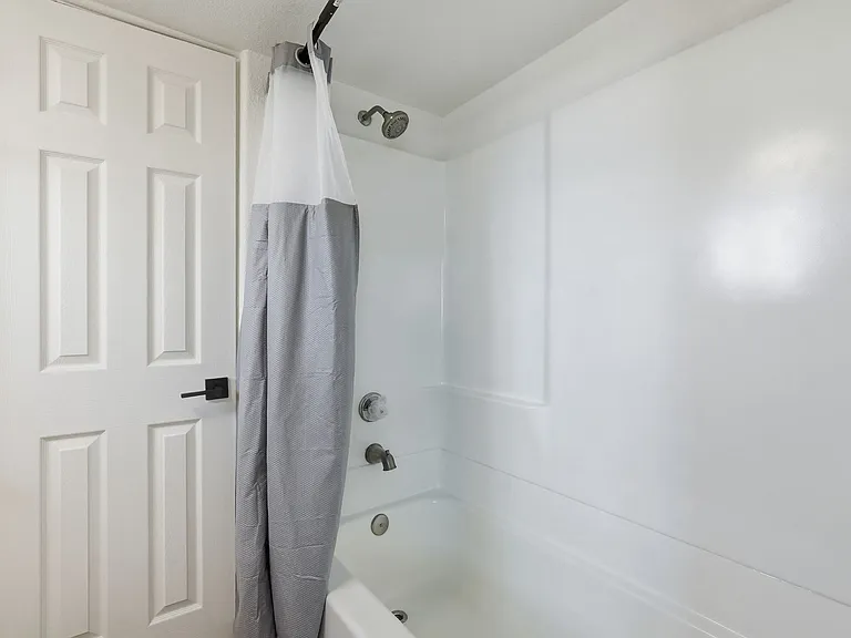 Step in shower and full size tub with curved shower rod.