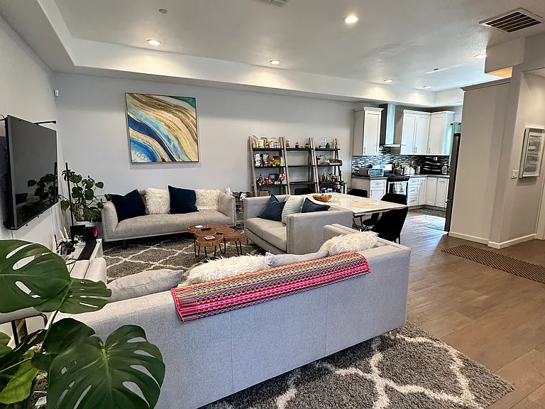 Open-concept living and kitchen with hardwood floors and natural light.