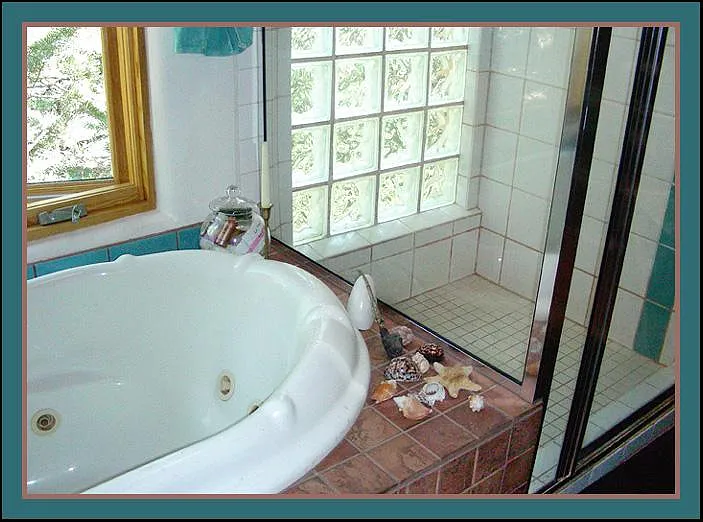 Main bathroom Jacuzzi tub for two, and exterior wall glass block shower.
