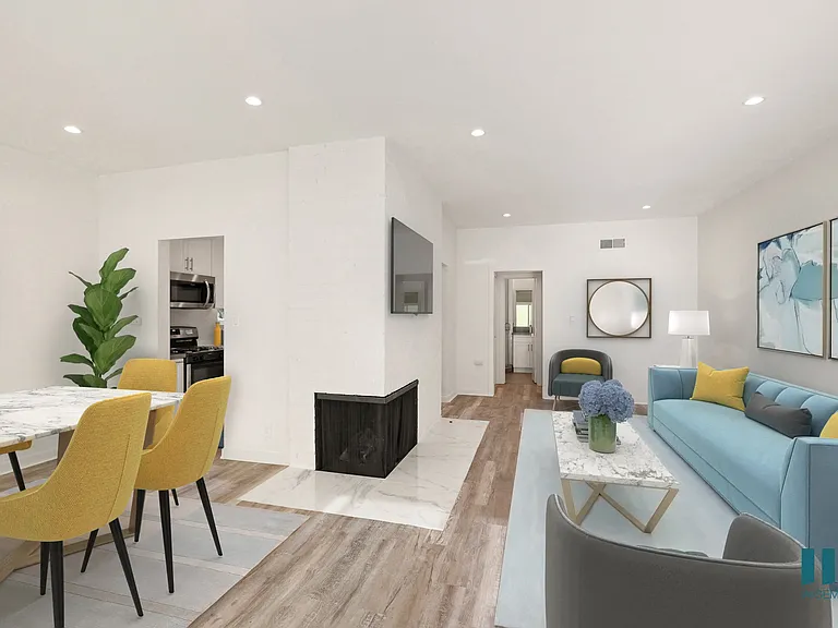 Dining and Living Room with Electric Fireplace, Vinyl Flooring, and Recessed Lighting