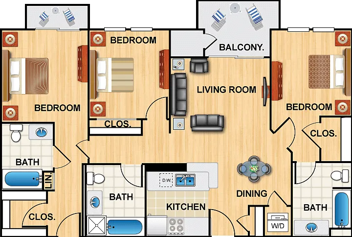 J (3 bedroom x 3 bath) Floorplan Diagram