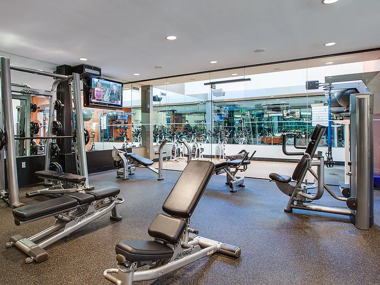 Fitness center provides free weights, cable resistance machines, and a spin room