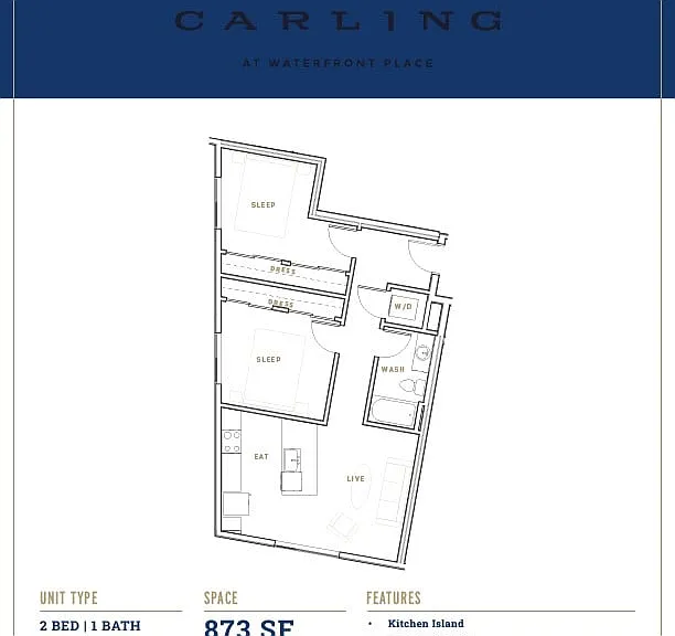 Explore The Carling's spacious 873 SF layout, featuring two bedrooms, a modern kitchen, and cozy living area. Explore The Carling's spacious 873 SF layout, featuring two bedrooms, a modern kitchen, and cozy living area.