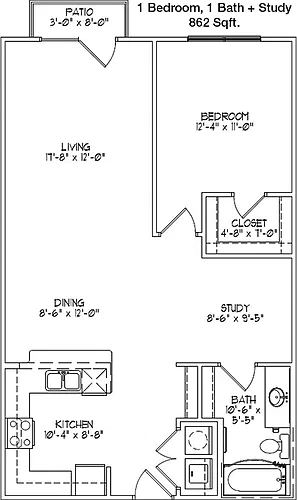 Floor plan 1 bed, 1 bath