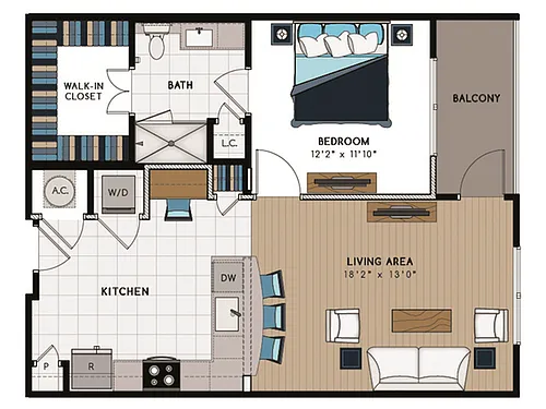 Floor plan 1 Bed, 1 Bath C (140% Income Restricted)