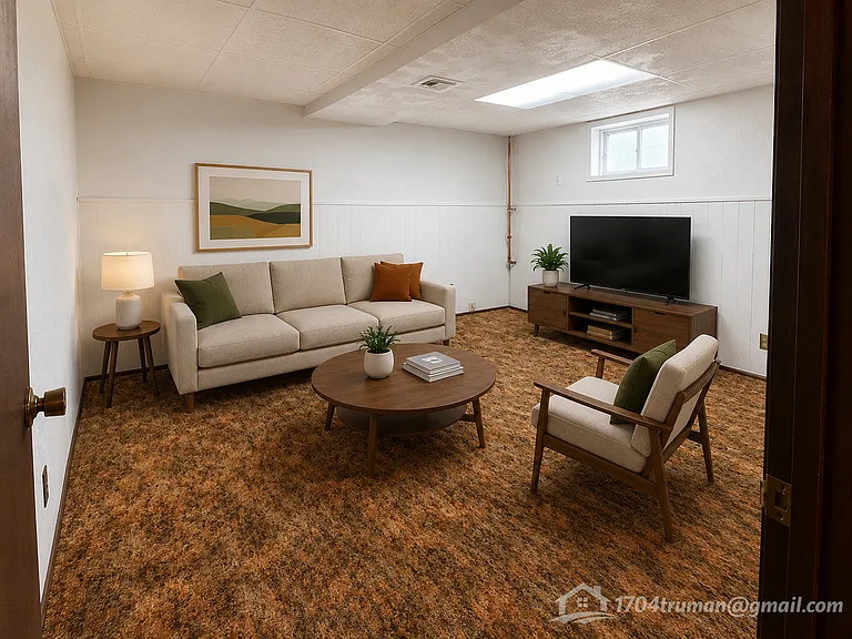 Largest basement room. Staged virtually for ideas.