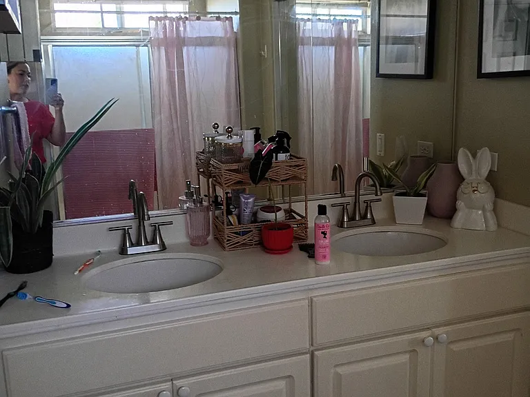 primary Suite Bathroom Vanity and reflection of Shower and Bathtub