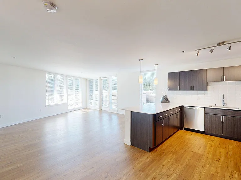 Apartment Kitchen with Stainless Steel Appliances, Dining and Living Room with Wood-Style Flooring.