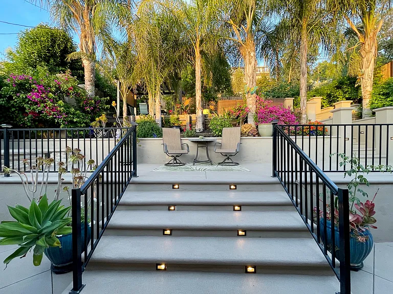 Private patio with 4 tiers and colored lights, new patio furniture, BBQ, fire pit