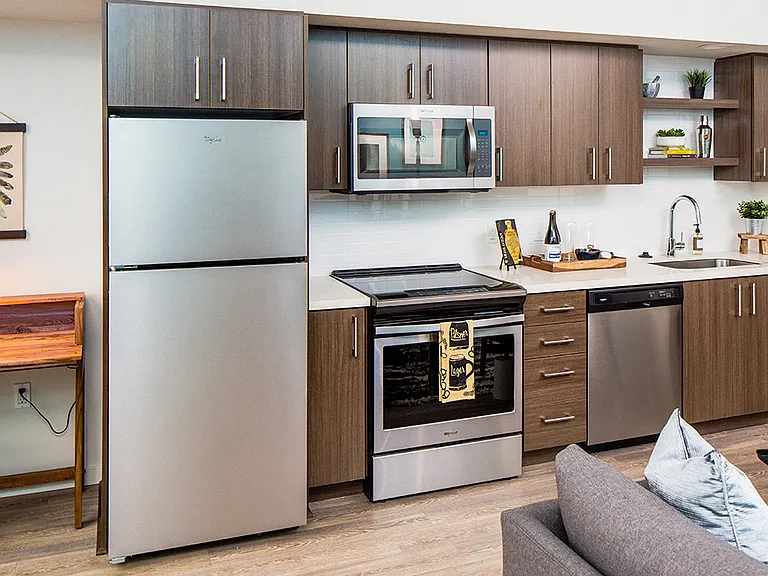 Contemporary kitchen design featuring stainless steel finishes and open shelving.