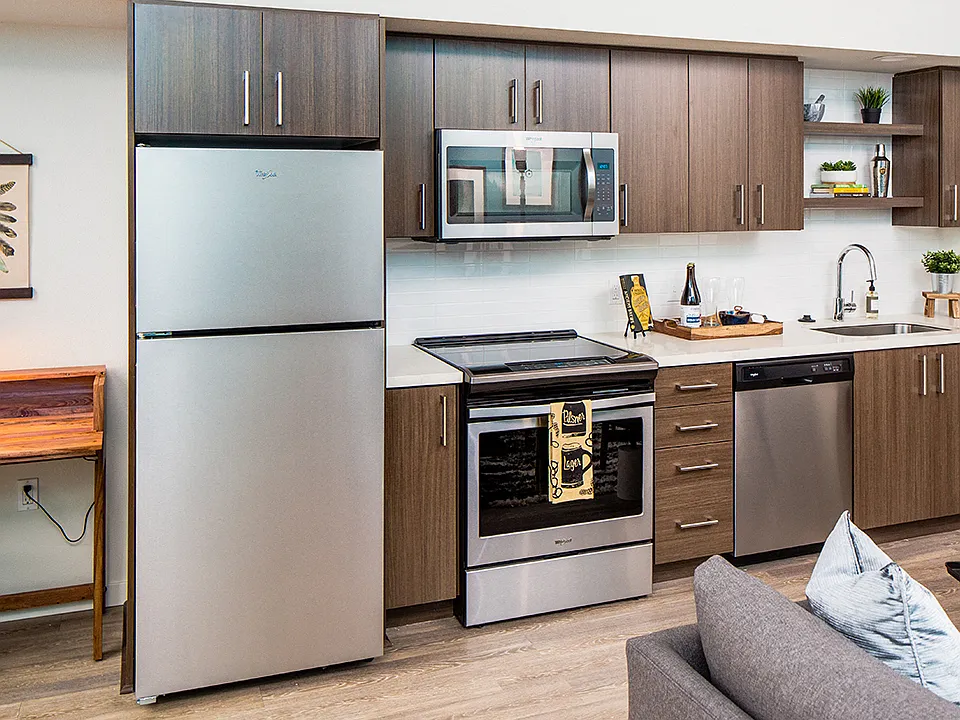 Contemporary kitchen design featuring stainless steel finishes and open shelving.