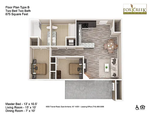 Floor plan Estates - 2 Bed, 2 Bath - 875 Square Feet