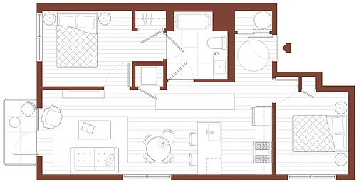 Floor plan 2 Bedroom, 1 Bathroom E2