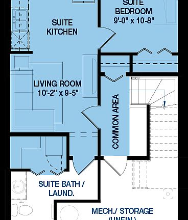 A blackline drawing of the Rundle 22 floorplan with the feature basement suite option by Brookfield