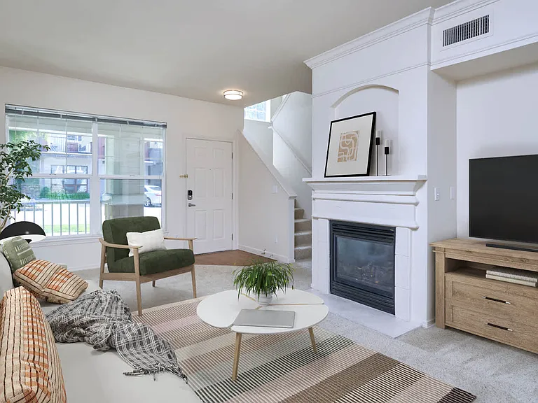 Carpeted Living Room with Fireplace