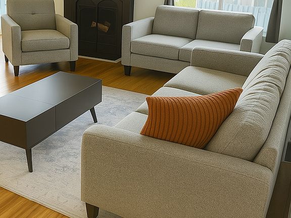 Living Room w/ coat closet and wood burning fireplace
