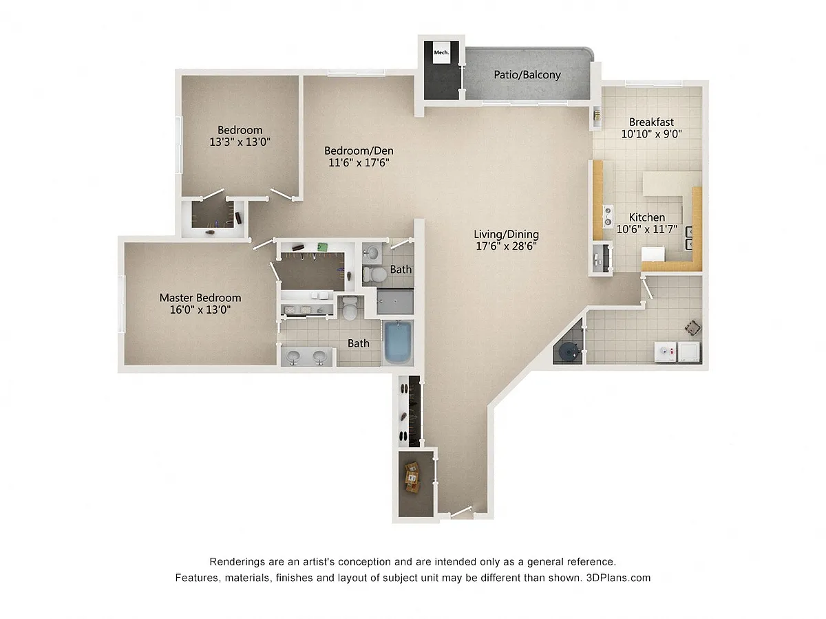 Floor plan 2 bedroom 2 Bath Den Type E