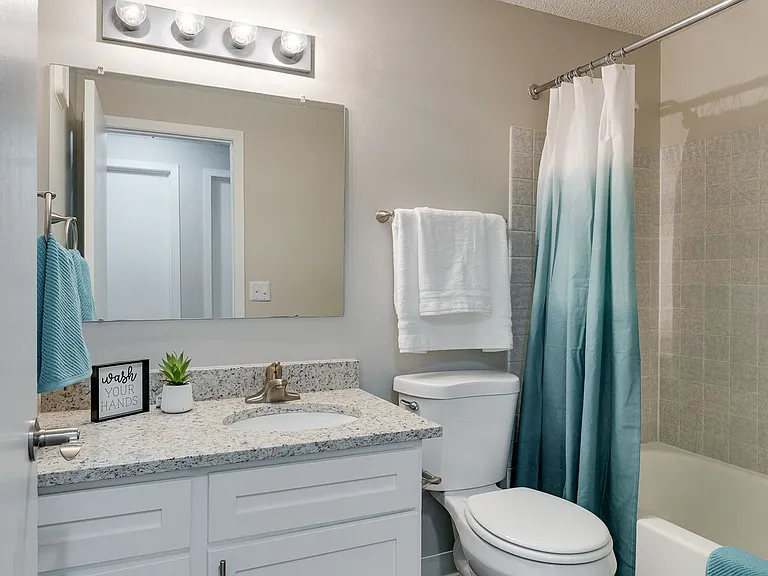 Renovated Bathroom With White Vanity & Shower With Tub