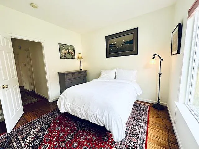 Downstairs bedroom has a huge wall closet and a dresser.