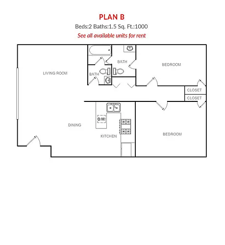 Floor plan 2 Bed, 1.5 Bath Unit
