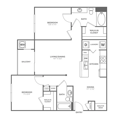 Floor plan Two Bedroom Two Bath (1073 SF)