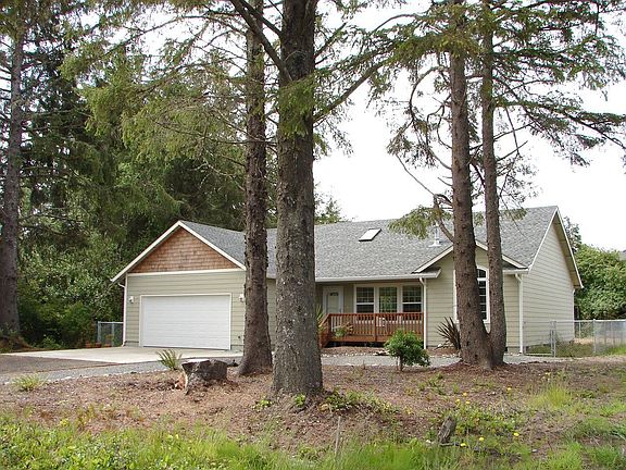 Front w/ large evergreens and low-maintenance yard.