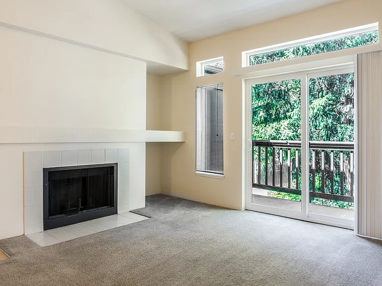 Novela Apartment Homes Living Room Fireplace and Balcony