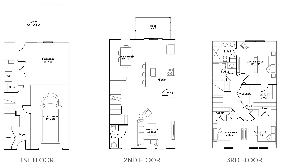 Floor plan Tennyson 1 Car Front - 3 Bed / 2.5 Bath TH