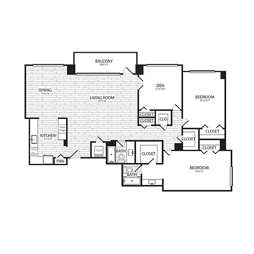 Floor plan 2 Bedroom + Den, 2 Bath 1801 SF C22G