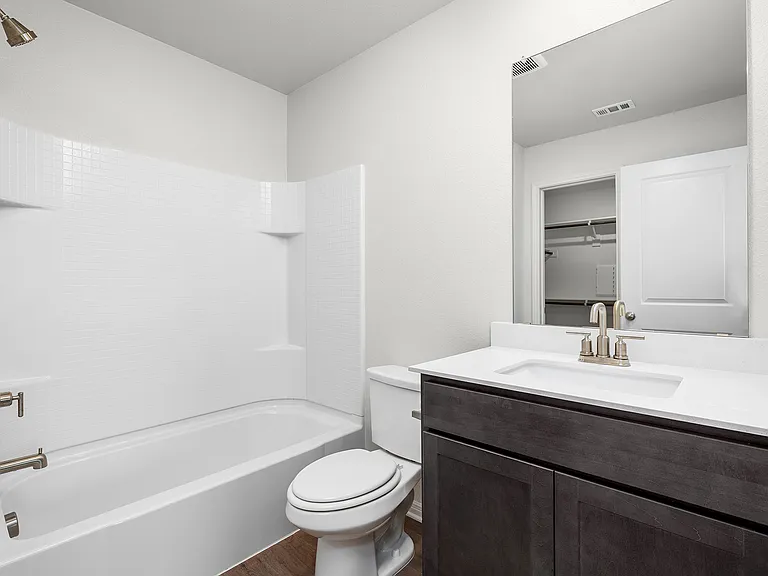 The master bathroom has a great vanity space and shower-tub combo.