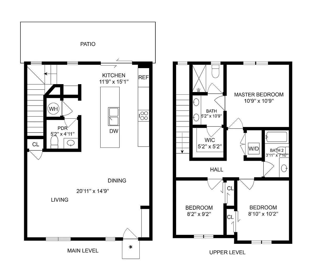 Floor plan 3 BR x 2.5 BA Townhome with Washer/Dryer