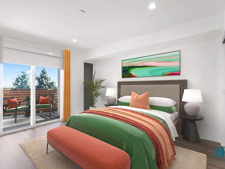 Spacious Bedroom with Vinyl Flooring, Recessed Lighting, and Patio