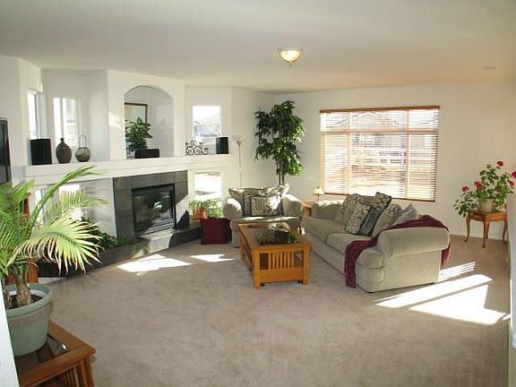 Spacious family room boasts built ins and a gas fireplace
