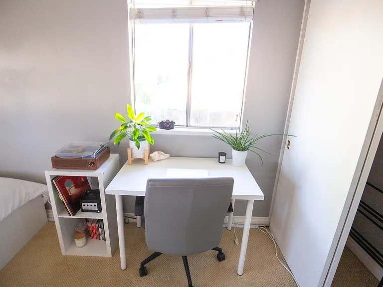 Matching desk and cube shelves, perfect for a computer setup or a vanity.