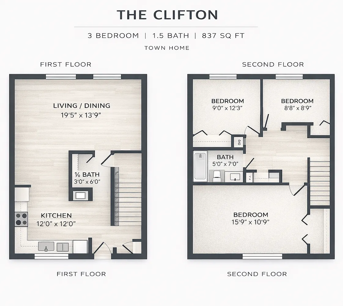 Floor plan 3 Bed 1.5 Bath TH - The Clifton