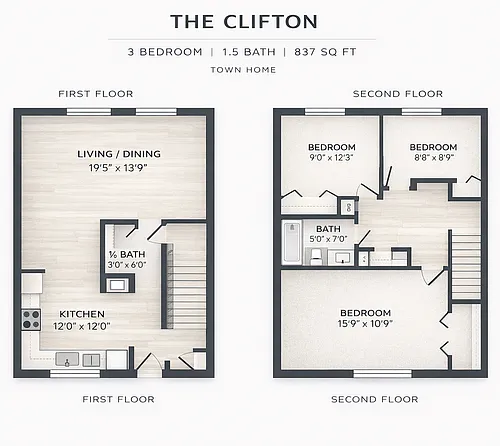 Floor plan 3 Bed 1.5 Bath TH - The Clifton