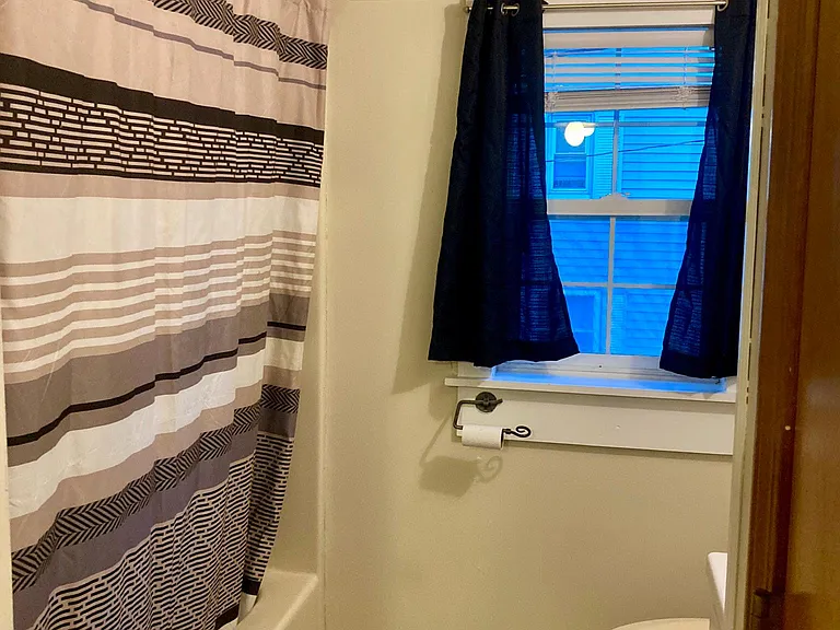 Bathroom with linen closet and window treatments (optional)