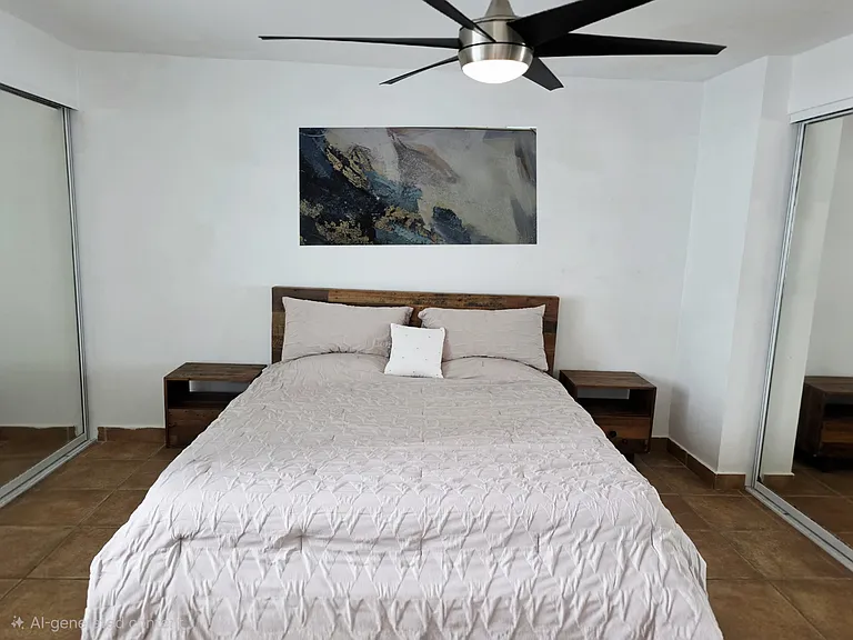 Primary bedroom with two large closets on either side with high quality real wood furniture, King bed!