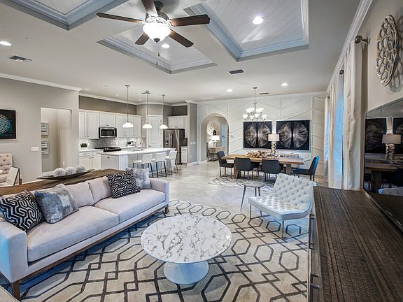 Model Representation Open floor plan with connected gathering, kitchen dining spaces