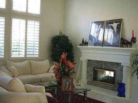 Elegant formal living room with a two-sided fireplace